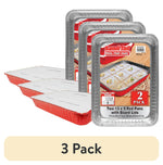 Staged product image showing multiple Handi-Foil red 13x9 meal prep pans with board lids and 3-pack text