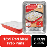 Handi-Foil packaging label and a red foil 13x9 pan with folded board lid, feature text panels