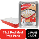 Handi-Foil red 13x9 aluminum meal prep pan with white board lid and packaged two-pack graphic