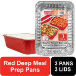 Handi-foil branded aluminum oblong meal prep pan with red exterior and folded board lid, labeled 3 pack