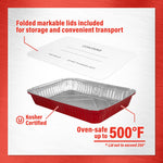 Handi-Foil red aluminum pan with folded markable white board lid floating above and oven-safe and kosher callouts