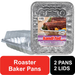 Close-front view of an aluminum roaster pan with clear plastic lid and Handi-Foil label reading Roaster Baker Pans