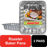 Handi-Foil branded pack of three disposable aluminum roaster/baker pans with product label and food photo