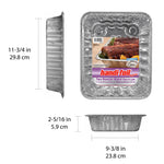 Top, side and front dimension views of a Handi-Foil aluminum roaster pan with printed label and measurements