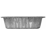 Side profile view of an empty 8-inch square aluminum foil pan showing crimped rim and textured sides