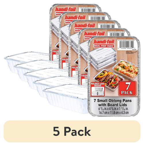 five stacks of small oblong aluminum meal prep pans with board lids; each front card shows 7 pack while a bottom banner reads 5 pack