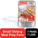 Handi-foil branded product sleeve for small oblong aluminum meal prep pans shown with one pan beside it and informational labels.
