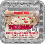 Close-up of a Handi-foil labeled 8-inch square aluminum pan showing packaging label with cake photo and product text