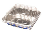 Clear plastic dome lids stacked over a Handi-Foil blue geometric printed aluminum square pan, angled studio product shot