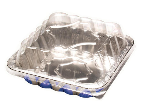 Clear plastic dome lids stacked over a Handi-Foil blue geometric printed aluminum square pan, angled studio product shot