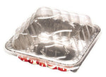Clear plastic lid seated over a red-printed Handi-foil square aluminum pan, photographed on a white background