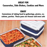 Lifestyle-style graphic showing stacked blue Handi-foil meal prep pans on a wood surface with promotional text above