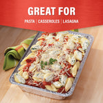 Styled shot of a filled Handi-Foil aluminum pan with baked pasta, captioned 'Great for Pasta Casseroles Lasagna'
