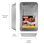 Top, side, and front views of an extra-deep rectangular aluminum foil pan with dimensional callouts