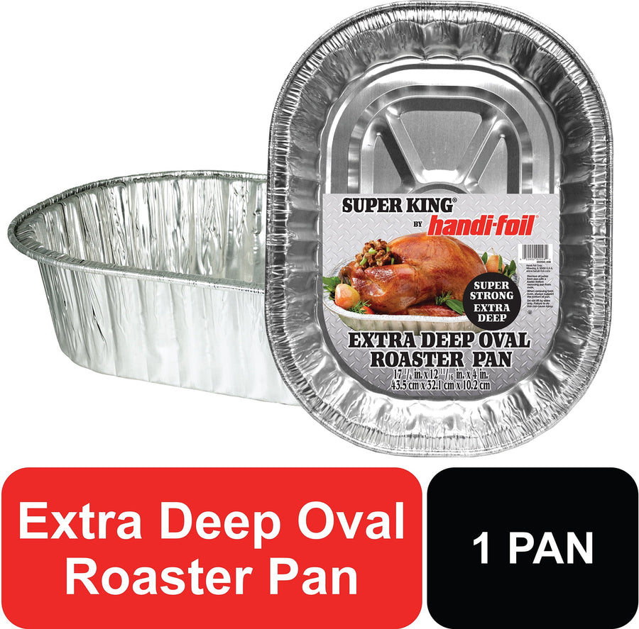 Two aluminum extra-deep oval roaster pans with one showing a Super King by Handi-Foil product label