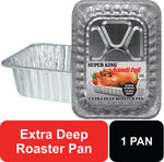 Packaged Handi-Foil Super King extra deep aluminum roaster pan shown with a loose pan beside it
