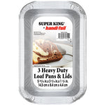 Close-up front view of labeled Handi-Foil Super King aluminum loaf pan packaging showing product label and barcode