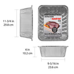Three-view diagram of Handi-Foil Super King aluminum pan with front, side and top views and dimensions in inches and cm