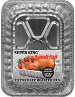 Front-facing close-up of the Handi-Foil Super King package label on an extra deep aluminum roaster pan