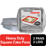 Two Handi-Foil Super King aluminum square cake pans with clear plastic lids and labeled packaging showing a decorated cake image.
