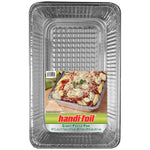 Top-down view of a Handi-Foil giant pasta pan with a label featuring a baked pasta dish photograph