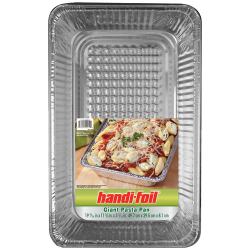 Top-down view of a Handi-Foil giant pasta pan with a label featuring a baked pasta dish photograph