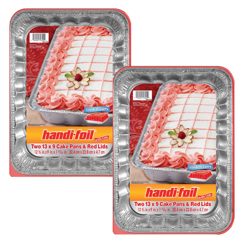 Two packaged Handi-Foil aluminum 13x9 cake pans shown front-facing with product label featuring a decorated sheet cake.