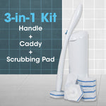 Handle, caddy and stacked scrubbing pads displayed against tiled backdrop with 3-in-1 kit text