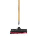 Threaded Libman hardwood handle inserted above a black scrub brush head with stiff red bristles on white background