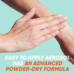 Close-up of hands applying product or lotion with text noting easy-to-apply aerosol and powder-dry formula