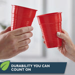 Two hands clinking Hefty red cups in a toast, showing cup texture and Hefty logo