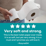 Hands holding and unrolling a textured Angel Soft toilet paper mega roll above a teal review graphic and five stars