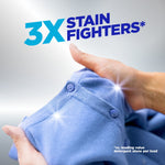 Hands holding a bright blue shirt with sparkle highlights and large text ‘3X STAIN FIGHTERS’