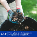 Gloved hands holding compostable kitchen scraps over a bin with a banner noting Dixie Ultra products are now compostable except in CA.