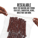 Hands holding a sealed vacuum bag filled with beef jerky under headline text highlighting resealable use for snacking and storing