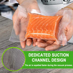 Hands holding a vacuum-sealed piece of salmon in a textured clear bag with an inset close-up of the suction channel pattern