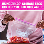 Hands holding an open clear Ziploc bag with pink zipper containing sliced red peppers and headline text about fighting food waste