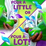 Split-panel close-up showing hands pouring Gain scent booster beads into a green measuring cup with 'Pour a little or pour a lot!' text