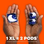 Two hands displaying Tide PODS: one hand holds a single XL pod and the other holds two smaller pods, with text 1 XL = 2 PODS