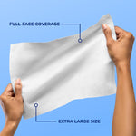 Two hands stretching an extra-large Q-tips face towel with labeled callouts for full-face coverage and large size