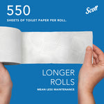 Two hands holding and stretching a length of Scott toilet paper across a blue background with text stating 550 sheets per roll and 'Longer Rolls'.