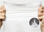 Two hands stretching a white cotton sheet with a circular close-up inset showing fibrous cotton texture.