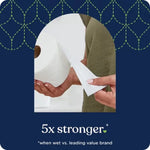 Close-up lifestyle graphic of hands tearing a sheet from a Quilted Northern toilet paper roll with '5x stronger' text.