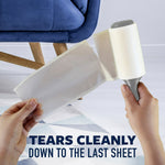 Hands tearing a sheet from a Scotch-Brite lint roller with text 'Tears cleanly down to the last sheet' visible at bottom.