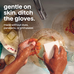 Overhead shot of hands washing soapy glass dishes with sponge and text about being gentle on skin and no dyes or parabens