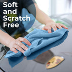 Close-up of hands wiping a glossy surface with a soft blue microfiber cloth and overlaid text 'Soft and Scratch Free'.