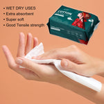 Hands wiping with a white disposable cotton towel, product pack pictured above with bulleted benefit text on orange background