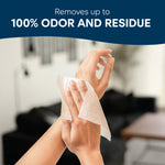 Hands using a Cottonelle flushable wipe with overlay text about removing odor and residue