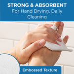 Hands wiping with a white embossed Pacific Blue Select paper towel under header text highlighting strength and absorbency.