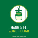 Illustration of a hanging trap with instruction text 'Hang 5 ft. above the lawn' on a solid green background.